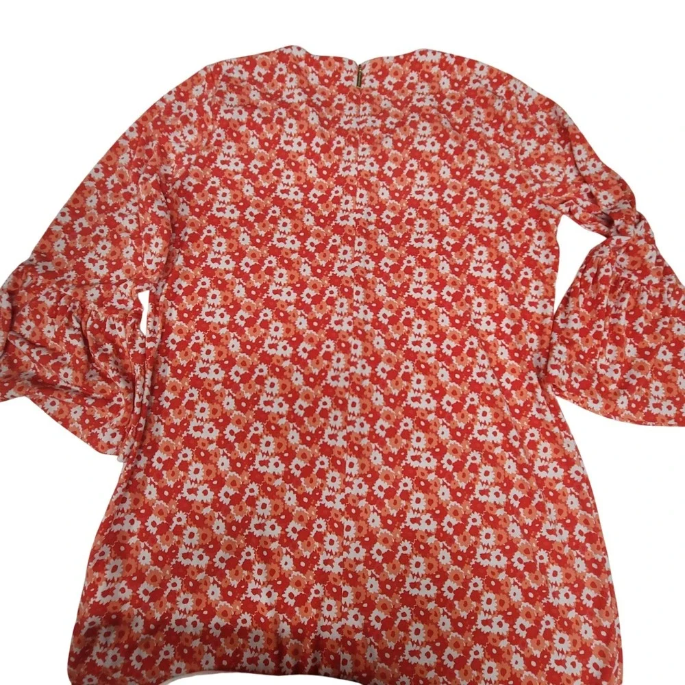 Michael Kors Floral Print Bell Sleeve Dress Womens Red Orange‎